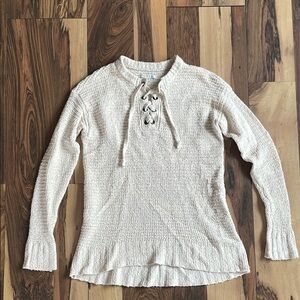 American Eagle Cream Knit Sweater with Lace-Up Neckline